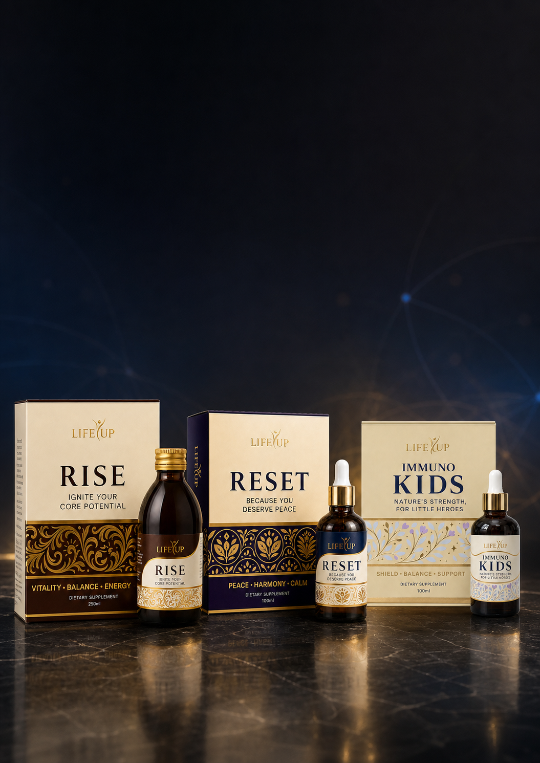 RISE, RESET and Immuno Kids products in a premium composition